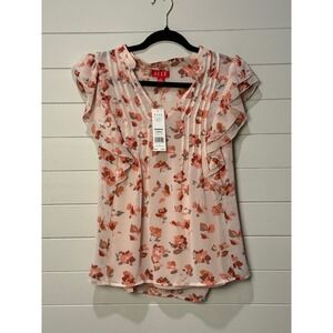 New! Women's Pink Floral Print Ruffle Sleeve V Neck Blouse Top X Small‎ Elle